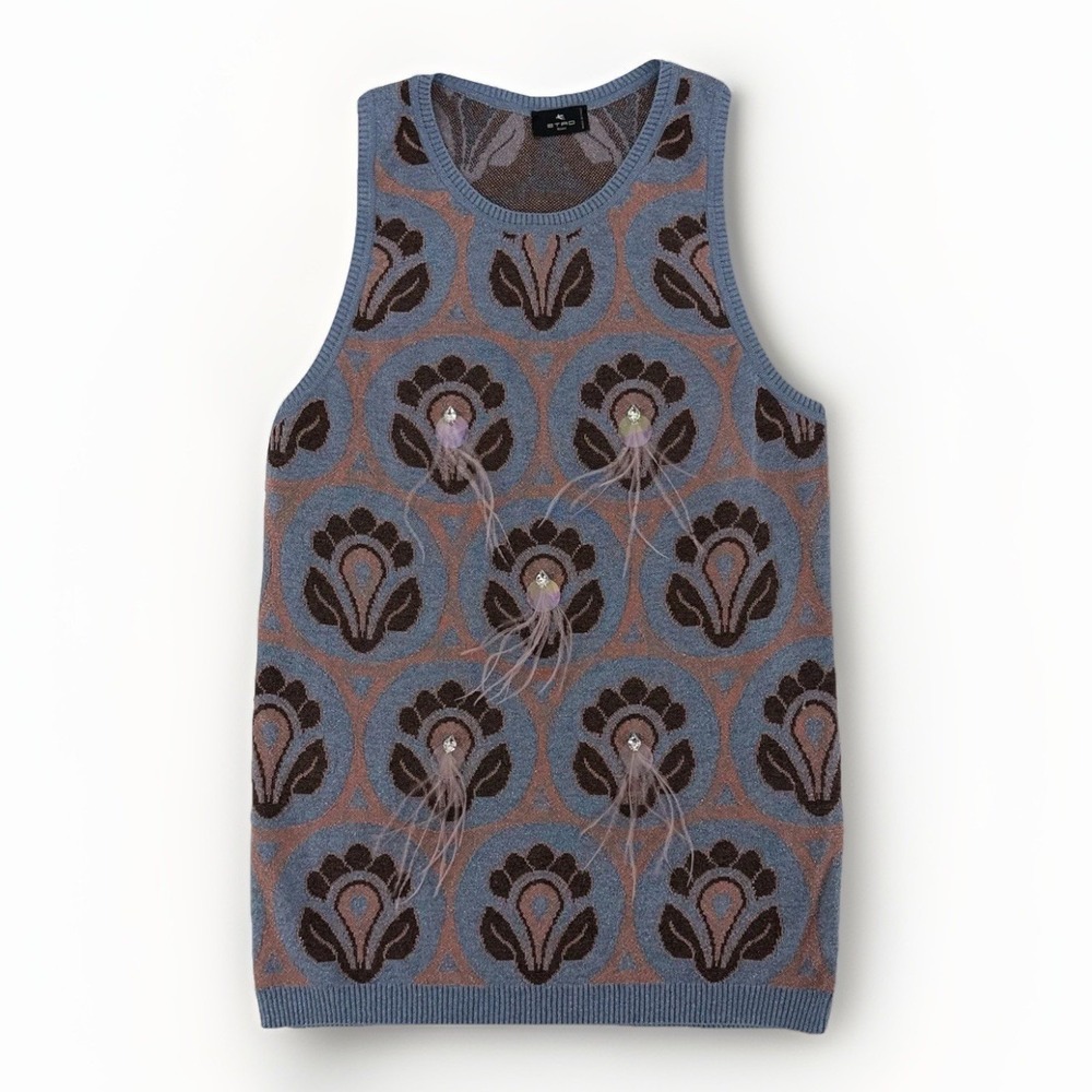 Etro‎ Milano Feather Embellished Jacquard Knit Tank Top Italy Size 46